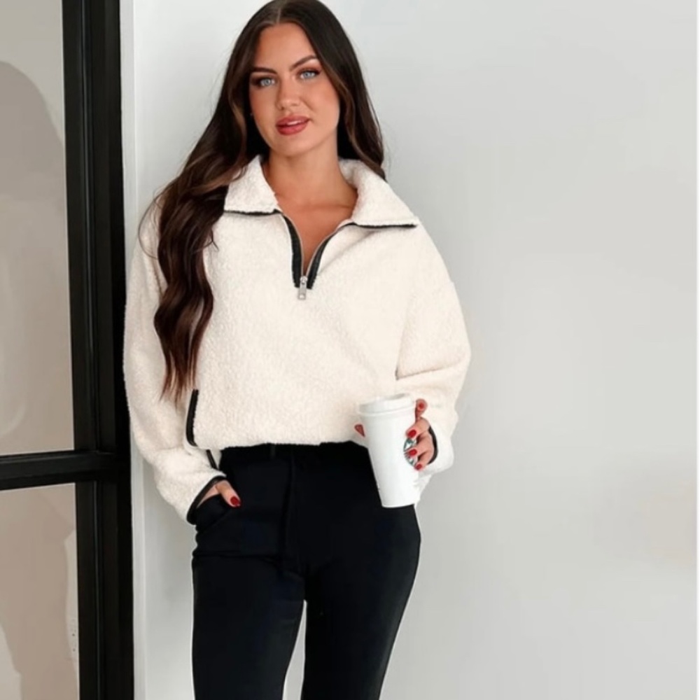 Oversized Sherpa Teddy Fleece Quarter-Zip Pullover | Cream Athleisure Sweatshirt